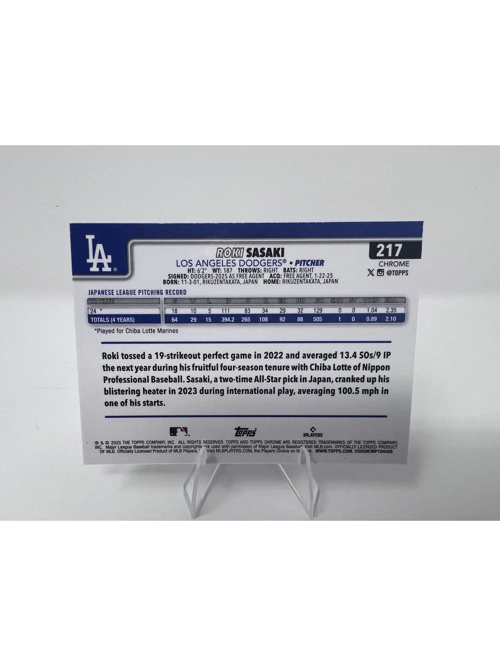 Roki Sasaki Topps Chrome negative Rookie Baseball Card Los Angeles Dodgers